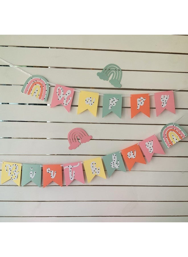 Pinfliers Pinfliers Rainbow Theme Birthday Decorations, Paper Happy Birthday Banner for Kids Party/Background Banner/Wall Birthday Decoration Items, 13 Pennants & 2 Rainbow Theme Cutouts, 62" Length, Pastels  - Image 1