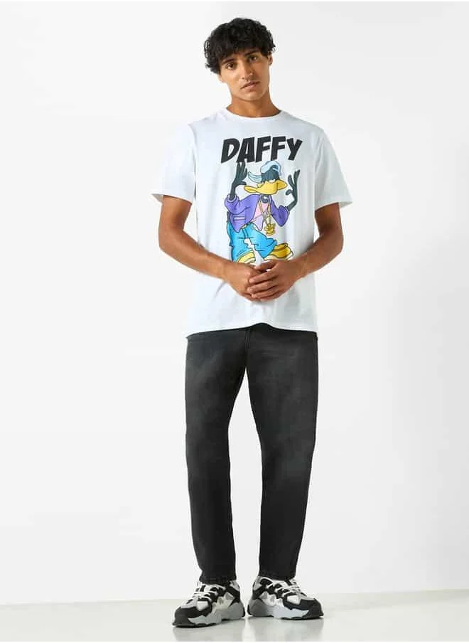 SP Characters Daffy Duck Print Crew Neck T-shirt with Short Sleeves