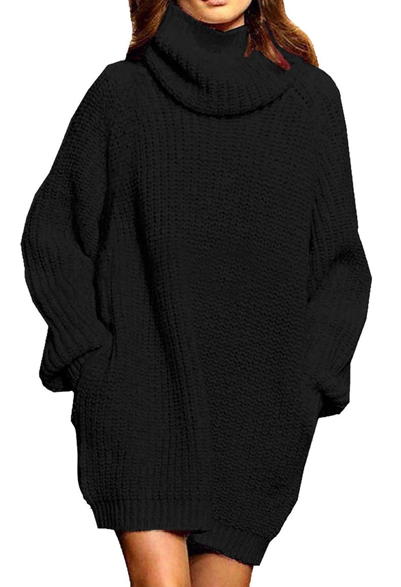 Pink Queen Pink Queen Women's Loose Turtleneck Oversize Long Pullover Sweater Dress Black XL  - Image 1