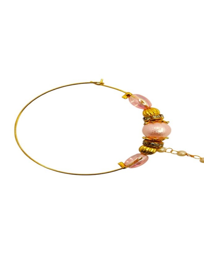 SUN SHINE Traditional Nose Ring Chain, Pink and Gold Beaded Design, Pearl Chain Connection - Image 3