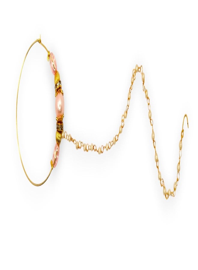 SUN SHINE Traditional Nose Ring Chain, Pink and Gold Beaded Design, Pearl Chain Connection - Image 1