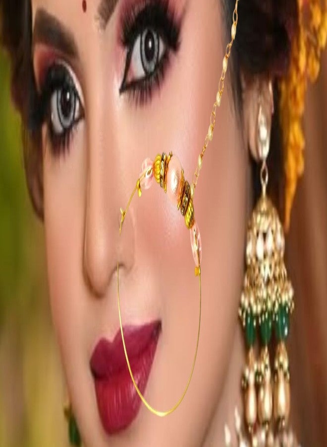 SUN SHINE Traditional Nose Ring Chain, Pink and Gold Beaded Design, Pearl Chain Connection - Image 2