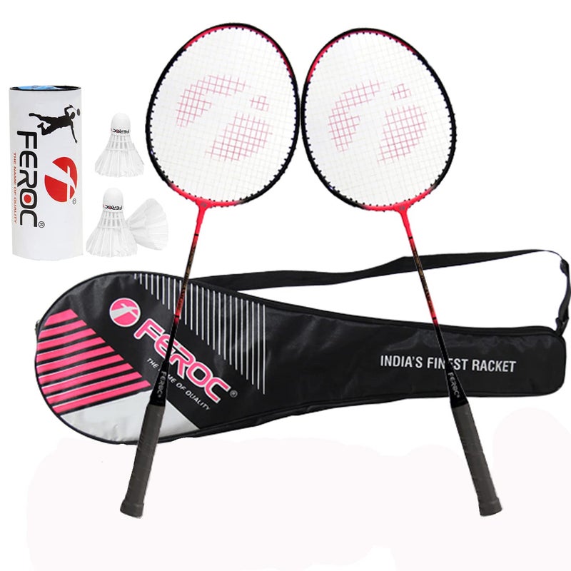 FEROC Pink Organic Light Badminton Racket Aluminum Set of 2 with 3 Pieces Feather shuttles with Full Cover Badminton kit - Image 1