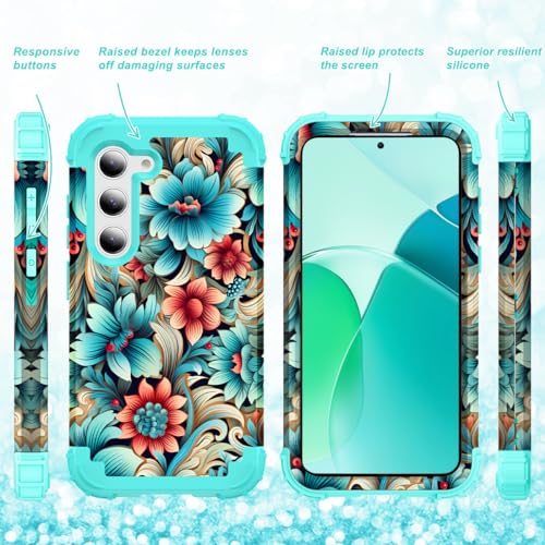 SleekCover for Galaxy S23 Plus Case,3 in 1 Floral Pattern Heavy Duty Shockproof Protection Soft Silicone Rubber Bumper+Hard Plastic Hybrid Protective Cover for Samsung Galaxy S23 Plus 6.6",Blue Flower - Image 3