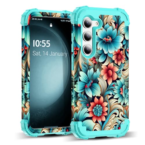 SleekCover for Galaxy S23 Plus Case,3 in 1 Floral Pattern Heavy Duty Shockproof Protection Soft Silicone Rubber Bumper+Hard Plastic Hybrid Protective Cover for Samsung Galaxy S23 Plus 6.6",Blue Flower - Image 1