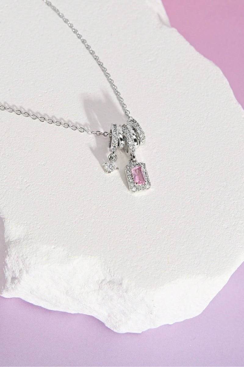 Elegant Women Silver Necklace with Pink Crystal and Charms – Delicate Modern Design for Women  - Image 1