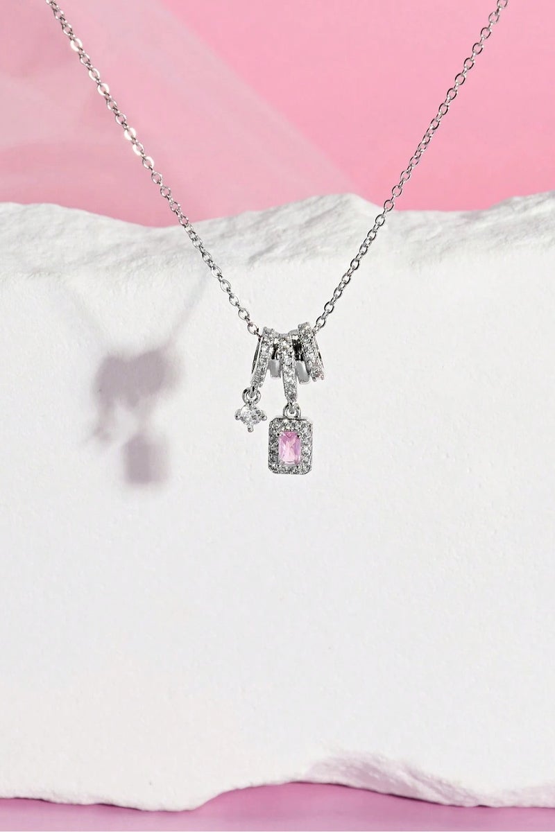Elegant Women Silver Necklace with Pink Crystal and Charms – Delicate Modern Design for Women  - Image 2