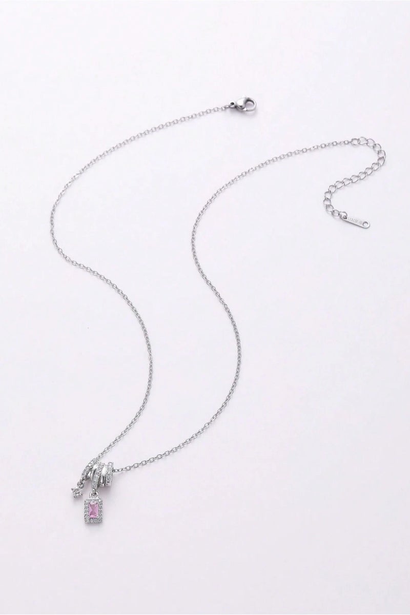 Elegant Women Silver Necklace with Pink Crystal and Charms – Delicate Modern Design for Women  - Image 3