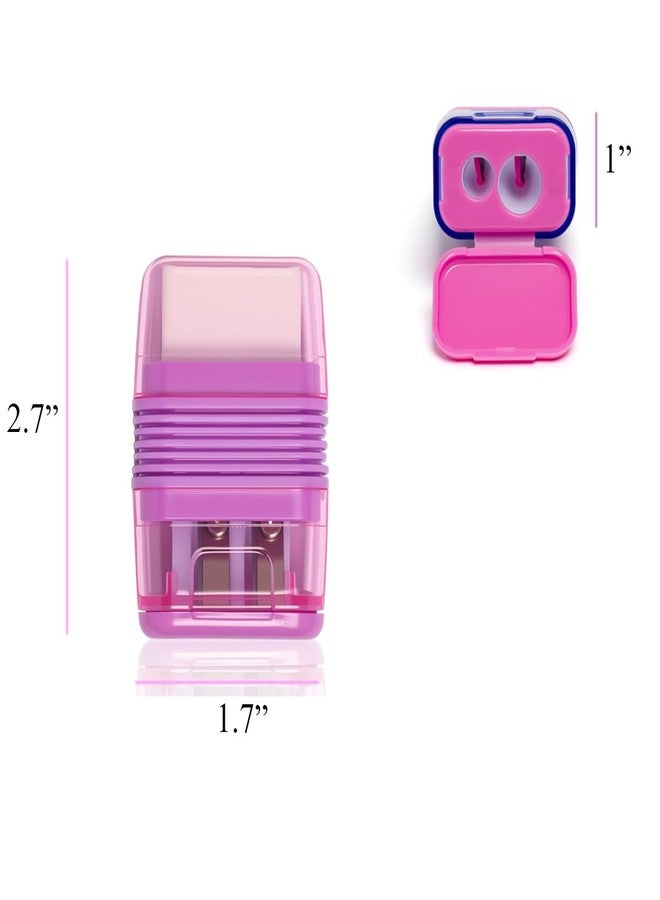 Ouksma Set of 6 Dual-Hole Pencil Sharpeners with Erasers for School, Office and Art Supplies (Green/Pink/Purple,6) - Image 5