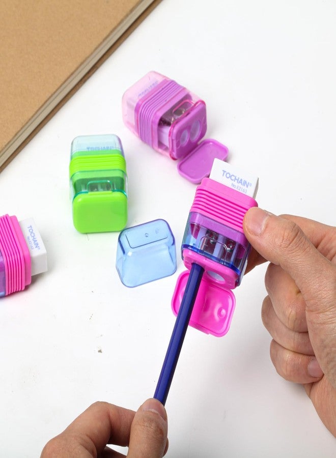 Ouksma Set of 6 Dual-Hole Pencil Sharpeners with Erasers for School, Office and Art Supplies (Green/Pink/Purple,6) - Image 4