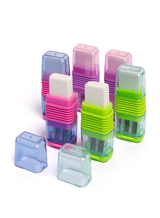 Ouksma Set of 6 Dual-Hole Pencil Sharpeners with Erasers for School, Office and Art Supplies (Green/Pink/Purple,6) - Image 1