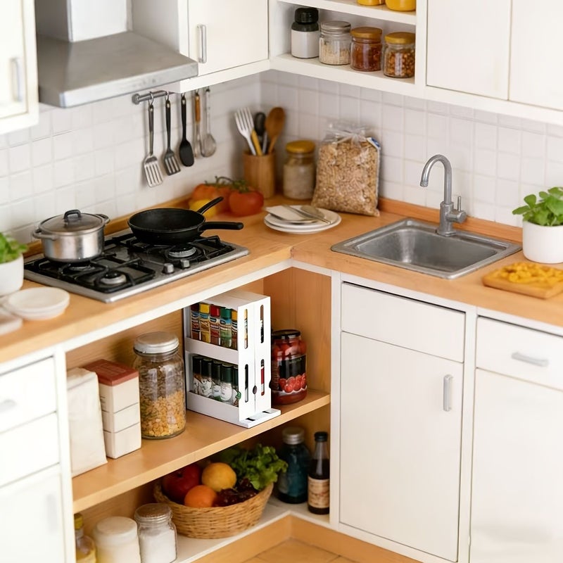 Double Layer Rotatable And Expandable Seasoning Storage Rack White Durable Plastic No Dead Corners For Picking Up No Installation Required Multilayer Kitchen Countertop Organizer - Image 4