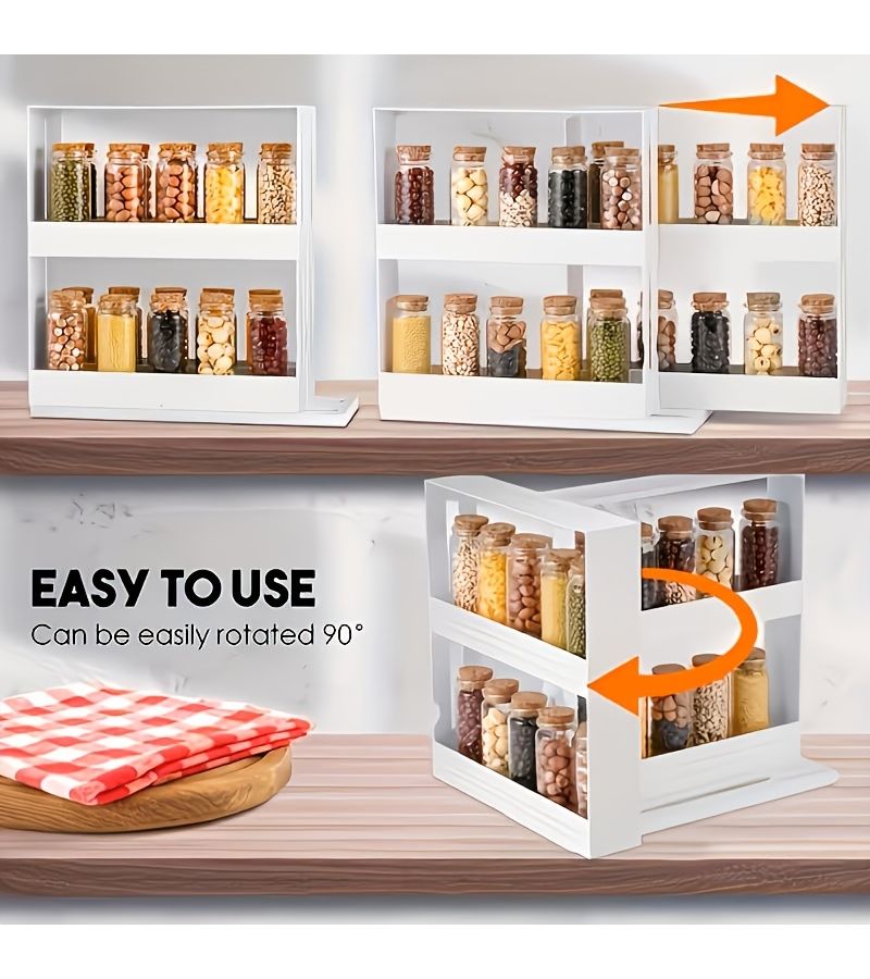 Double Layer Rotatable And Expandable Seasoning Storage Rack White Durable Plastic No Dead Corners For Picking Up No Installation Required Multilayer Kitchen Countertop Organizer - Image 2