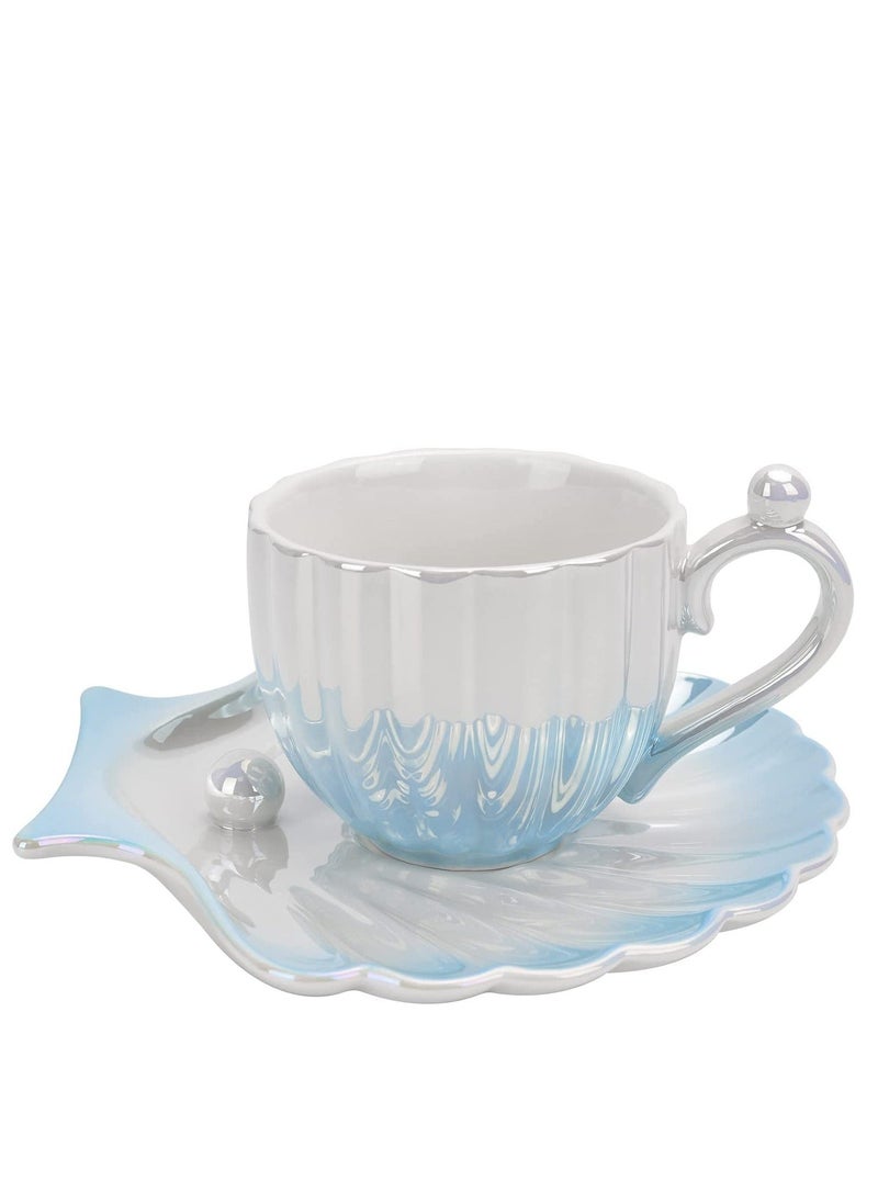 NIBEMINENT Ceramic Tea Cups and Saucers, 240ml Porcelain Coffee Cup, Pearly Shells Design, British Latte Cups, for Serving Latte, Macchiato, espresso, Gift Weddding, Birthday, Anniversary  - Image 1