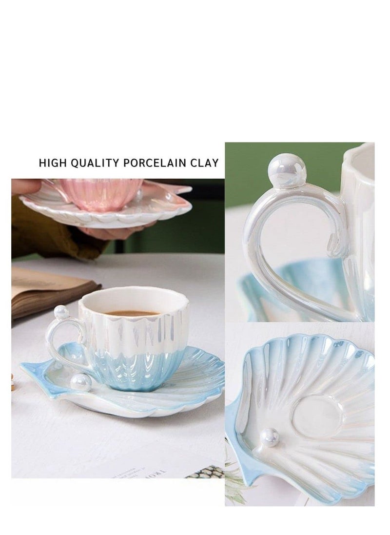 NIBEMINENT Ceramic Tea Cups and Saucers, 240ml Porcelain Coffee Cup, Pearly Shells Design, British Latte Cups, for Serving Latte, Macchiato, espresso, Gift Weddding, Birthday, Anniversary  - Image 2