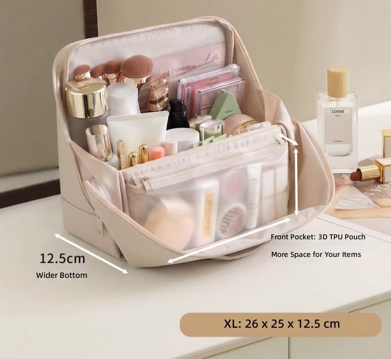 Waterproof PU Makeup Bag, Upright Zippered Cosmetic Organizer in Mist Pink or Milk Apricot