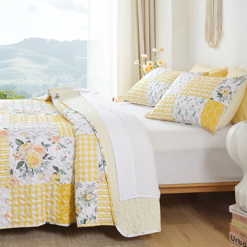 YIKUSH Quilt Sets King Size Floral Quilt Set 3 Pieces Bedding Set Bedspreads Yellow Comforter Blanket with 2 Pillow Cases- Ultra Soft Floral Coverlet with Printed Pattern 104in.x 90in. - Image 2