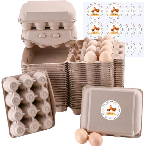 LayHyand 50 Pcs Vintage Egg Cartons with Labels, Square Dozen Egg Basket Blank Natural Paper Pulp, Classical 3x4 Style Holds Up to One Twelve 12 Count Chicken Eggs, Sturdy Eggs Box with Stickers - Image 1