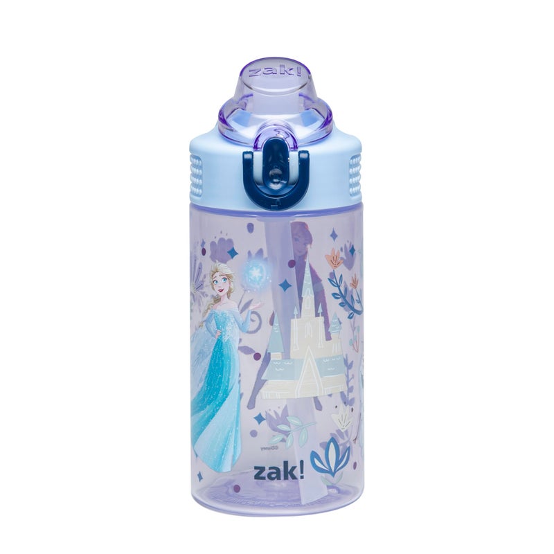 Zak Designs Disney Frozen Sage Kids Water Bottle For School or Travel, 16oz Durable Plastic Water Bottle With Straw, Handle, and Leak-Proof, Pop-Up Spout Cover (Anna, Elsa, Olaf) - Image 1