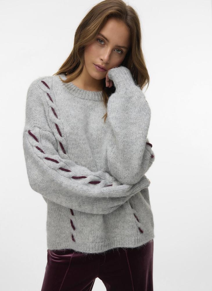 VERO MODA Vmilina Long Sleeve Crew-Neck Handstitch Pullover - Image 3