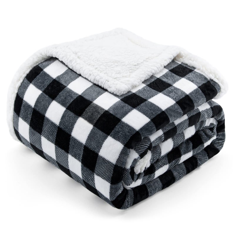 BEAUTEX Sherpa Fleece Flannel Throw Blanket  Super Soft Warm Buffalo Plaid Plush Blankets and Throws  Lightweight Cozy Fuzzy Blanket for Couch Sofa Bed (Black  Throw 50"" x 60"") - Image 1