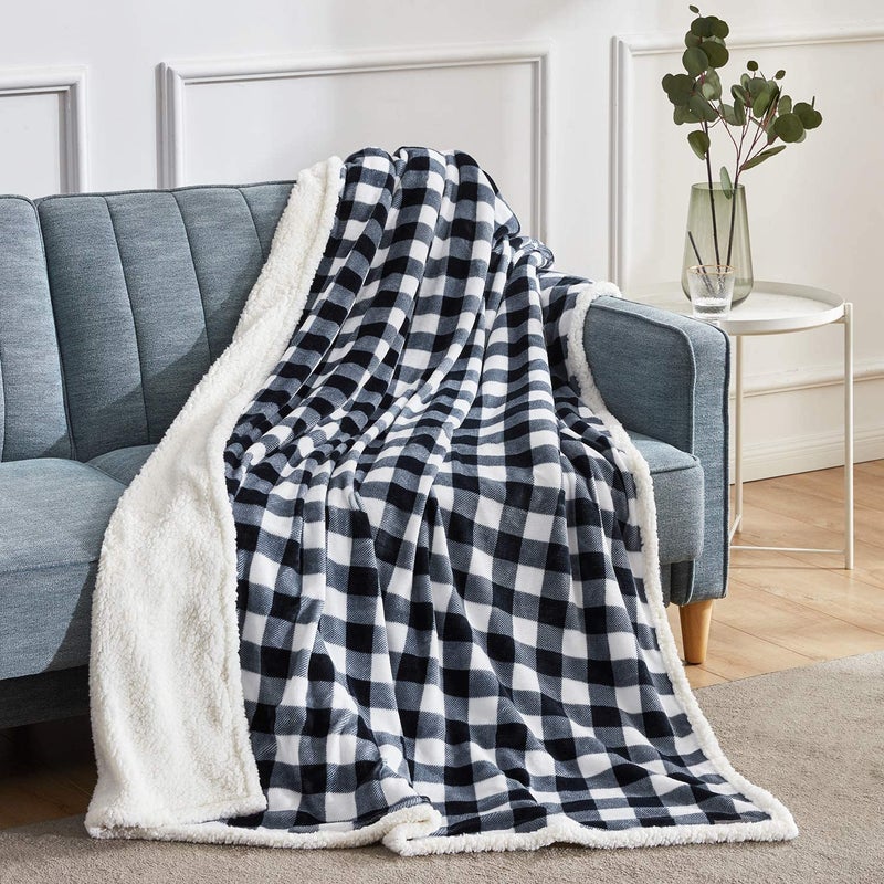 BEAUTEX Sherpa Fleece Flannel Throw Blanket  Super Soft Warm Buffalo Plaid Plush Blankets and Throws  Lightweight Cozy Fuzzy Blanket for Couch Sofa Bed (Black  Throw 50"" x 60"") - Image 2