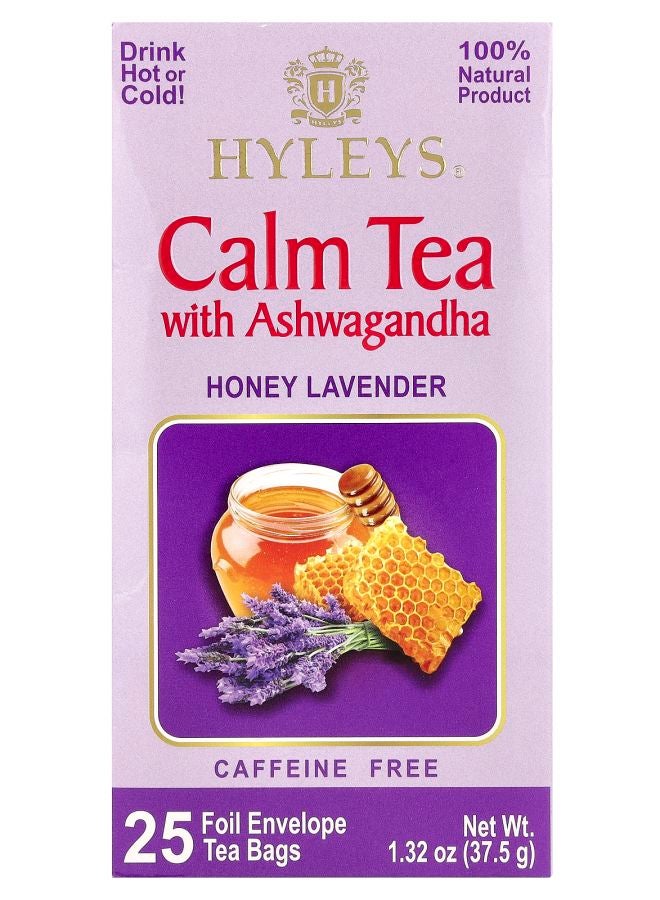 HYLEYS Tea Calm Tea with Ashwagandha Honey Lavender Caffeine Free 25 Foil Envelopes Tea Bags 1.32 oz (37.5 g) 