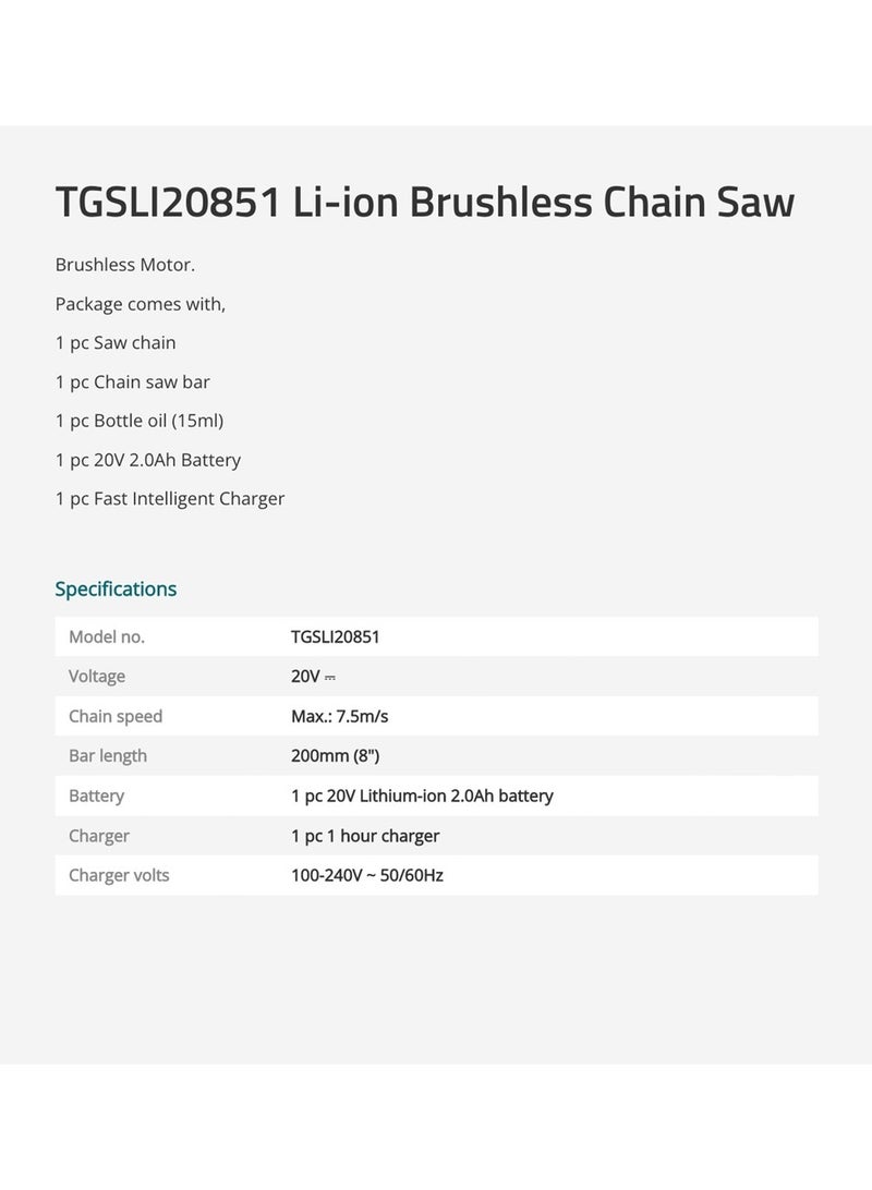 TOTAL Li-ion Brushless Chain Saw 8 Inch Battery Plus Charger, P20S 20V TGSLI20851 - Image 4