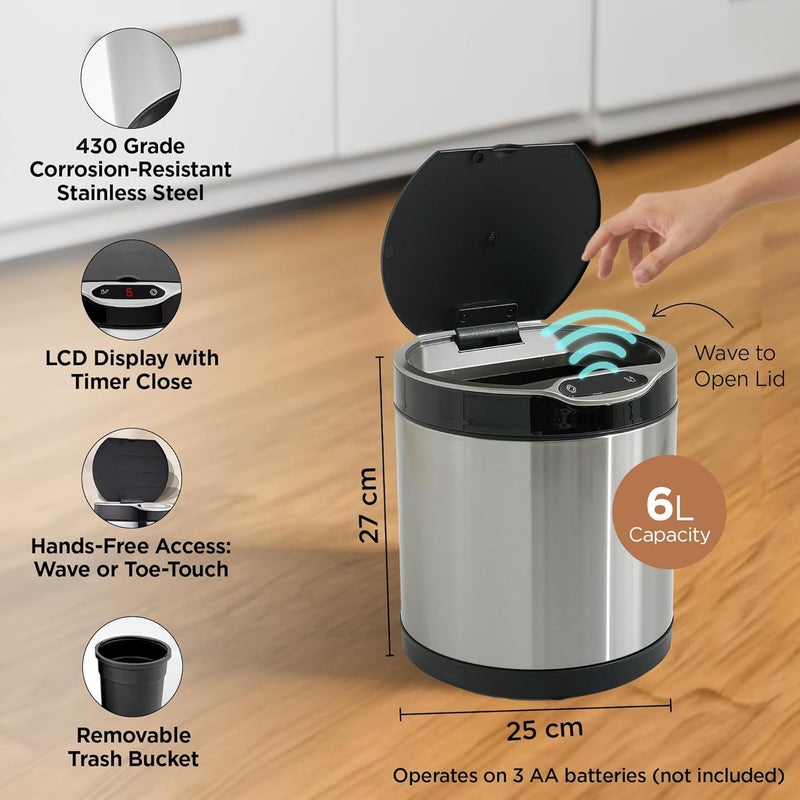Kuber Industries Kuber Industries 6L Stainless Steel Automatic Touchless Motion Sensor Dustbin Quick Open Soft Close Lid Garbage Bin for Kitchen Bathroom Indoor Outdoor Trash Can  - Image 3