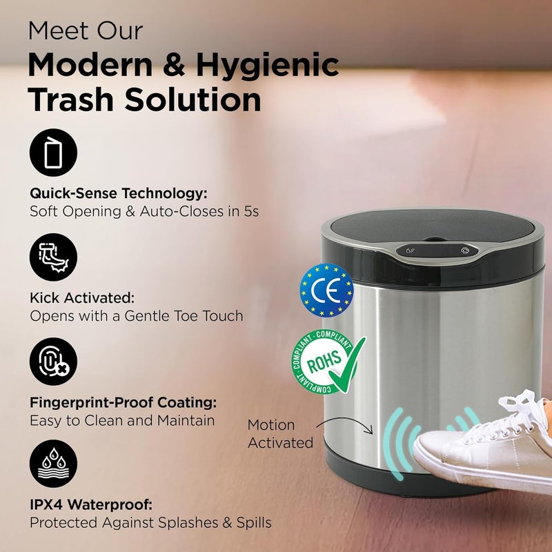 Kuber Industries Kuber Industries 6L Stainless Steel Automatic Touchless Motion Sensor Dustbin Quick Open Soft Close Lid Garbage Bin for Kitchen Bathroom Indoor Outdoor Trash Can  - Image 2