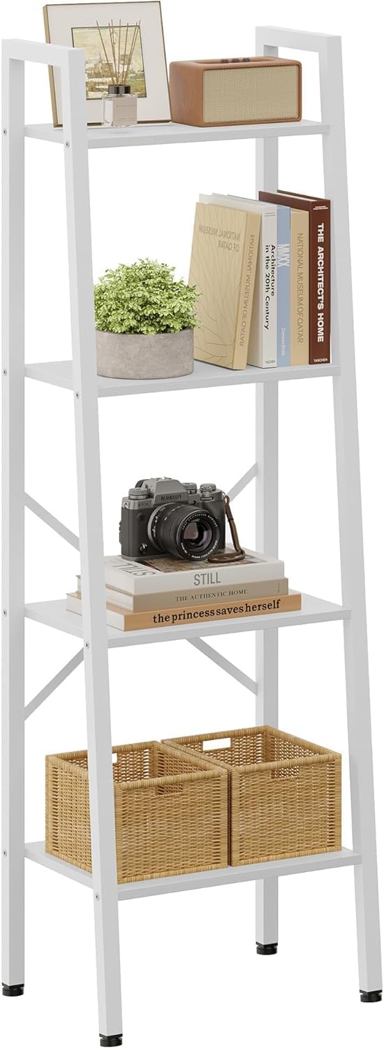Hoctieon Hoctieon 4Tier Industrial Ladder Bookshelf Narrow Ladder Shelf Tall Standing Bookshelf Skinny Open Ladder Shelf for Living Room Home Office Kitchen Bedroom Metal Frame White 