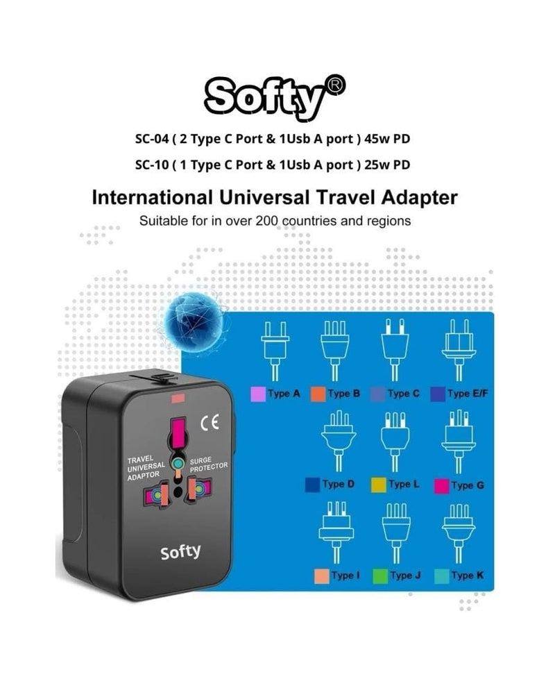 Softy 45W Dual TypeC Universal Travel Adapter with Type C4in1 Universal Adapter Plug Travel Essentials Accessories with 1 USB 2 USBCAdapter for Phone Laptop MobileTablet SC04 Black - Image 4