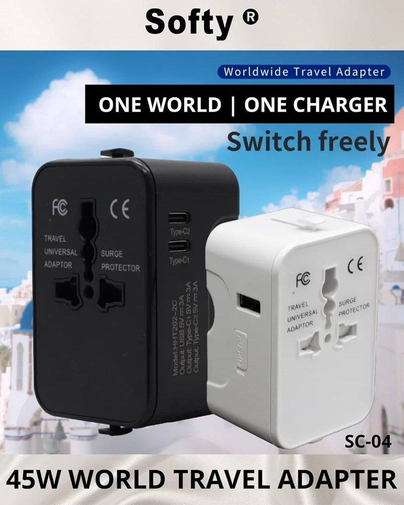 Softy 45W Dual TypeC Universal Travel Adapter with Type C4in1 Universal Adapter Plug Travel Essentials Accessories with 1 USB 2 USBCAdapter for Phone Laptop MobileTablet SC04 Black - Image 2