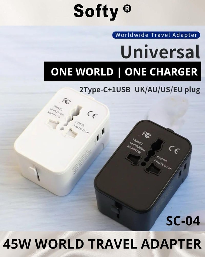 Softy 45W Dual TypeC Universal Travel Adapter with Type C4in1 Universal Adapter Plug Travel Essentials Accessories with 1 USB 2 USBCAdapter for Phone Laptop MobileTablet SC04 Black - Image 3