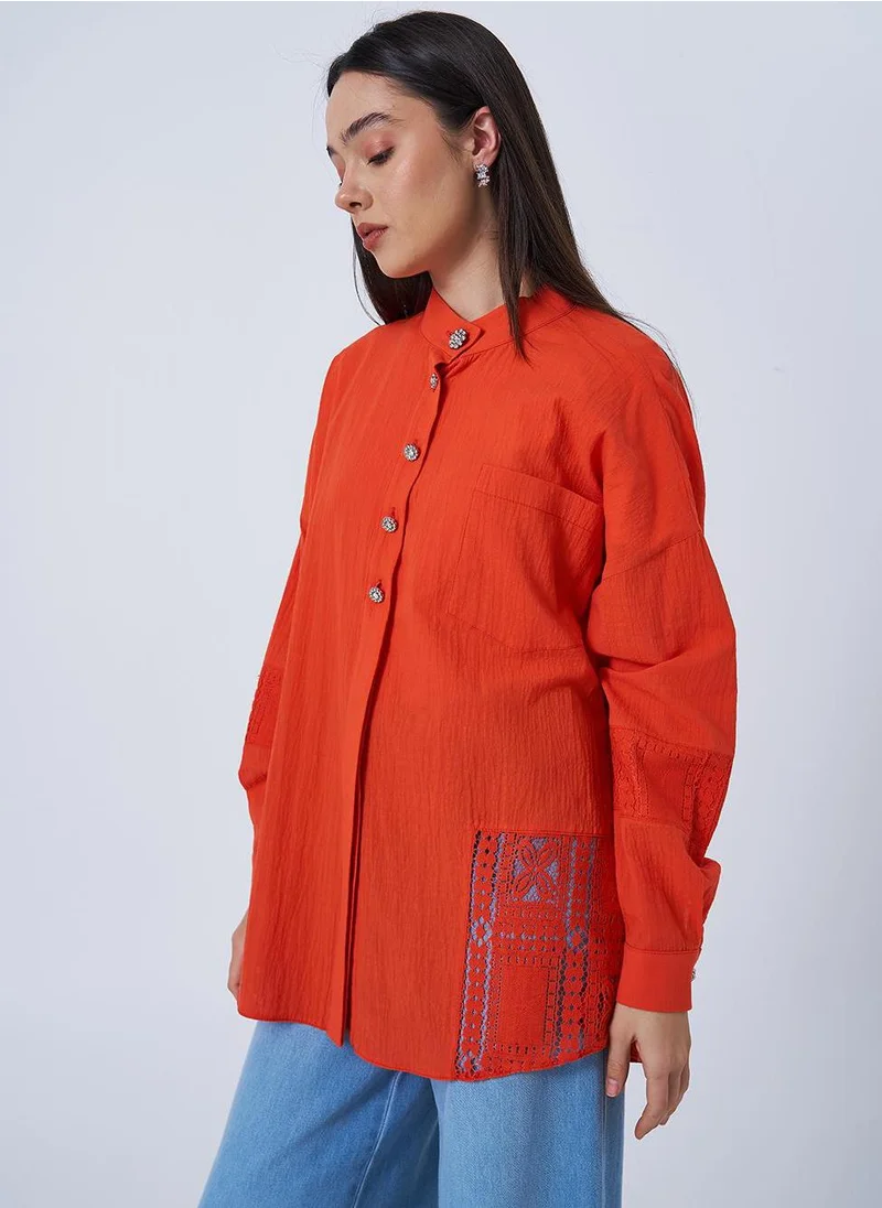 Kayra Lace Trimmed Pleated Blouse Coral