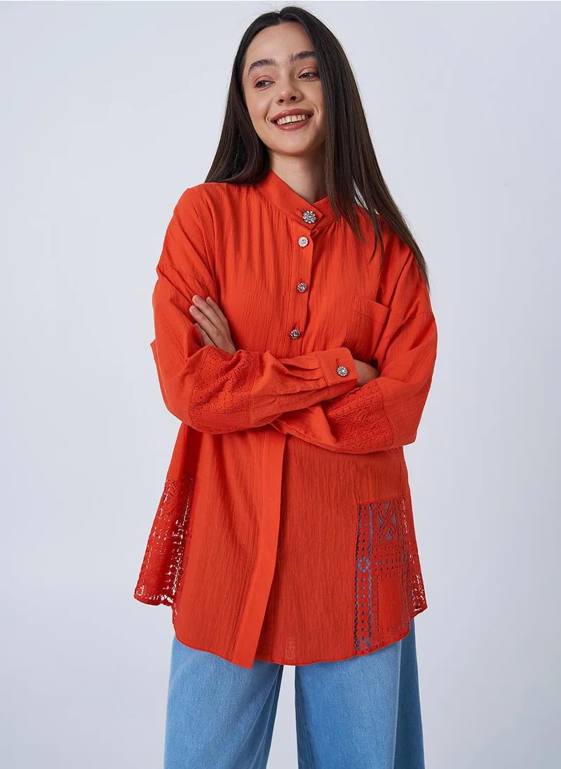 Kayra Lace Trimmed Pleated Blouse Coral