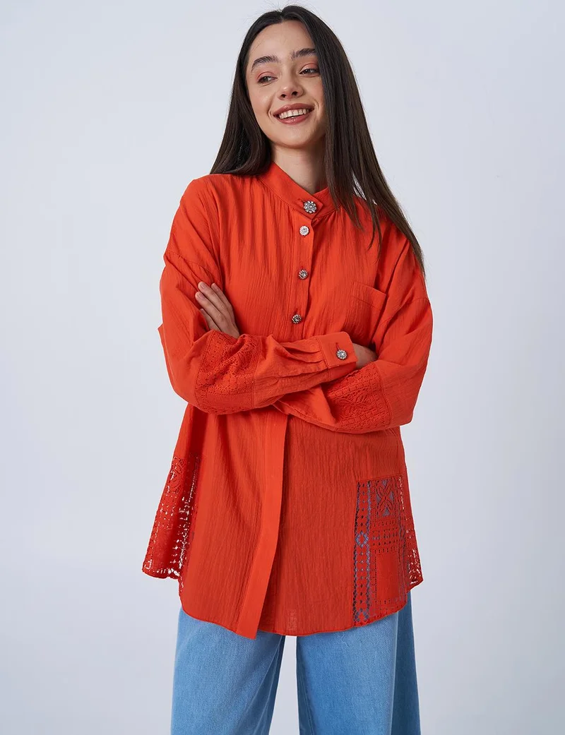 Kayra Lace Trimmed Pleated Blouse Coral