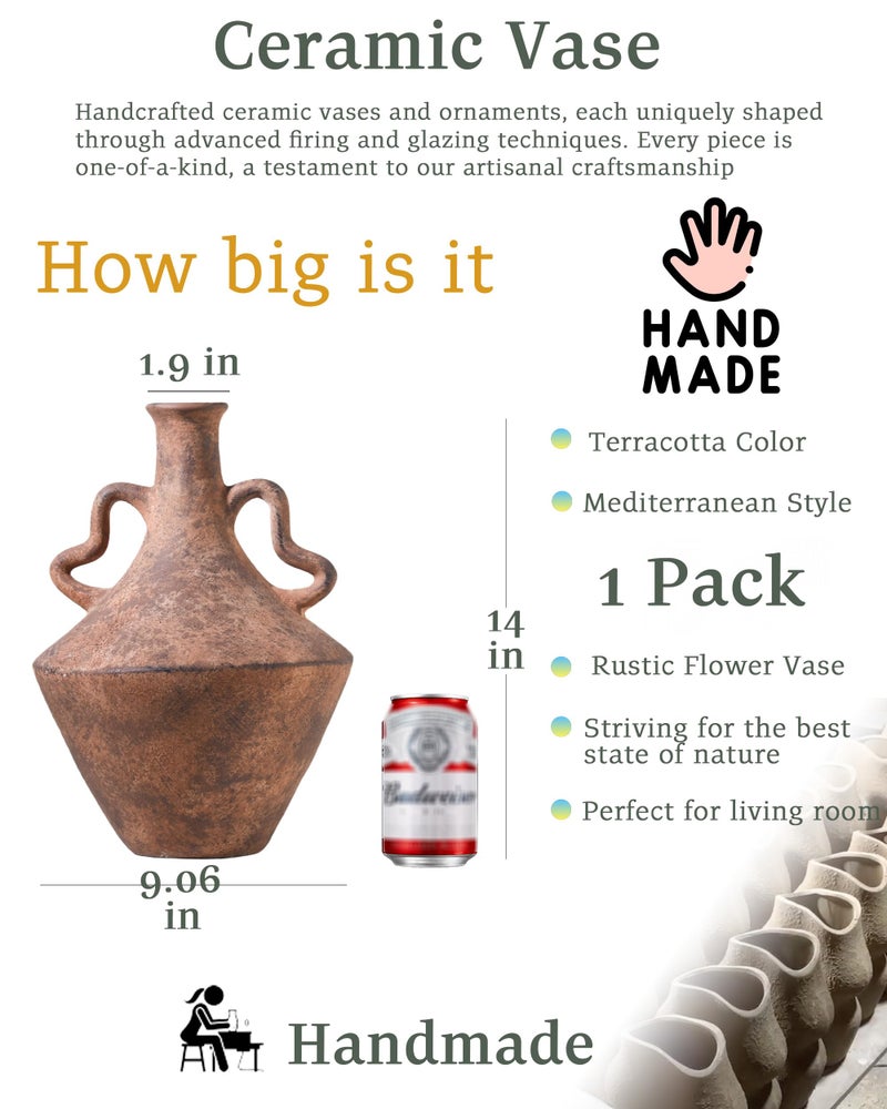 UPWOIGH 14x9.06 in Tall Vintage Ceramic Vase with Handles, Antique Terracotta Pottery Vase for Living Room Table Decor, Rustic Farmhouse Bedroom Decoration, Distressed Brown with Black Markings, Gift - Image 3