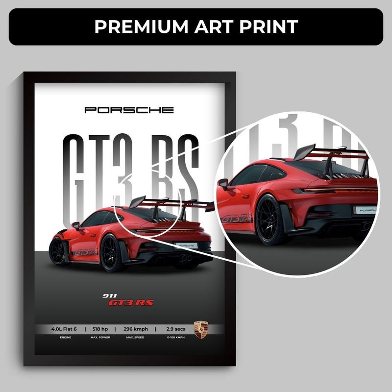 Funk You Store Engineered Wood Porsche 911 GT3 RS Poster | Framed Porsche A4 Sized (31 x 23 cm) | Supercar Posters, Gift for Boys, 911 Car Frames | Car Poster for Wall, Bedroom, Hostel, Study Room - Image 3