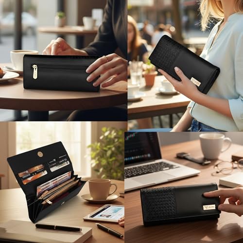 ALSU Premium Vegan Leather Women’s Wallet Black | Elegant Long Clutch Purse with 6 Card Slots, 3 Main Compartments & Phone Pocket | Designer Wallet for Everyday Use(irf-017blk) - Image 4