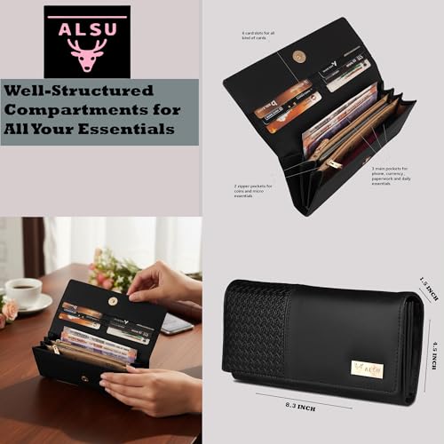 ALSU Premium Vegan Leather Women’s Wallet Black | Elegant Long Clutch Purse with 6 Card Slots, 3 Main Compartments & Phone Pocket | Designer Wallet for Everyday Use(irf-017blk) - Image 5