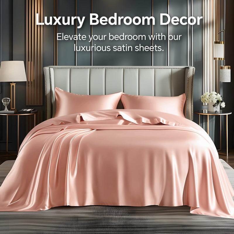 BEDELITE California King Sheets Set  Luxury Soft Coral Pink Satin Sheets for Hair and Skin  Similar to Silk Bed Sheets Set 4 Pieces with 1 Deep Pocket Fitted Sheet  1 Flat Sheet  and 2 Pillowcases - Image 2