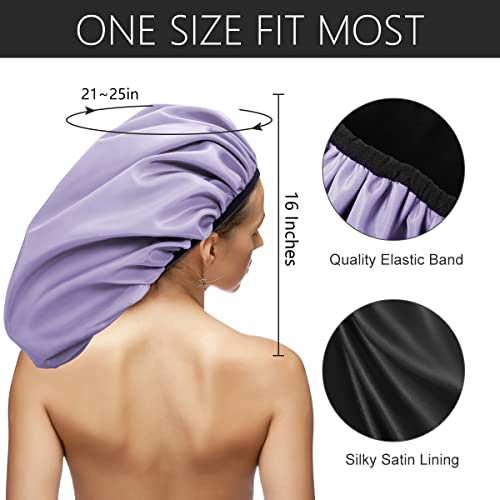 Auban Extra Large Shower Cap, Double-Layer Waterproof Reusable Satin Lining Shower Bonnet for Women Long Hair, Braids, Locs, perms (Purple) - Image 2