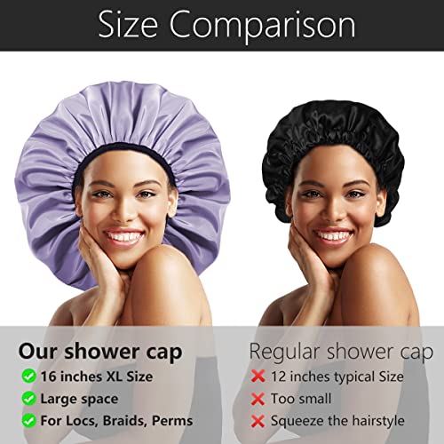 Auban Extra Large Shower Cap, Double-Layer Waterproof Reusable Satin Lining Shower Bonnet for Women Long Hair, Braids, Locs, perms (Purple) - Image 4