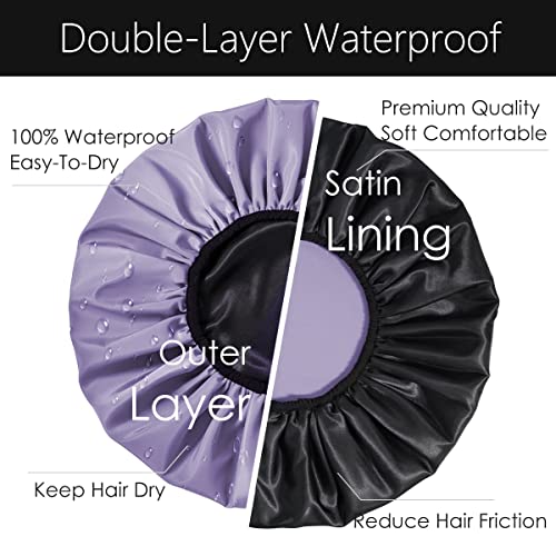 Auban Extra Large Shower Cap, Double-Layer Waterproof Reusable Satin Lining Shower Bonnet for Women Long Hair, Braids, Locs, perms (Purple) - Image 5