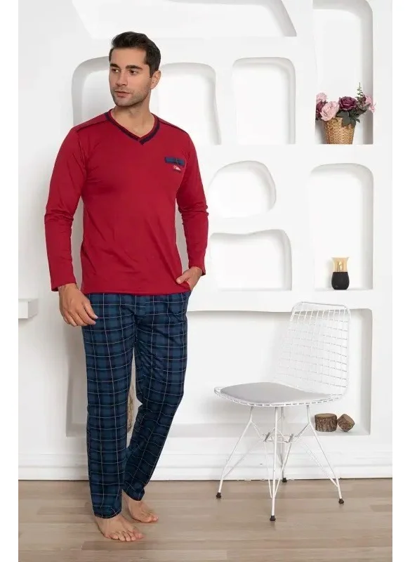 Bie'S Men's Plaid Pattern V Neck Chest Pocket Seasonal Cotton Long Sleeve Pocketed Pajama Set