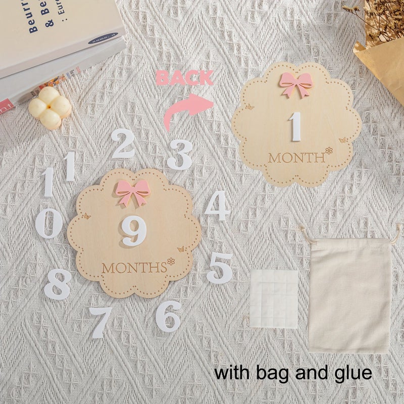 White Flower Month Wooden Milestone Card for Baby First Year Growth Photography - Image 1
