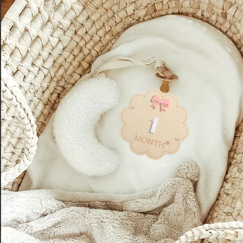 White Flower Month Wooden Milestone Card for Baby First Year Growth Photography - Image 2