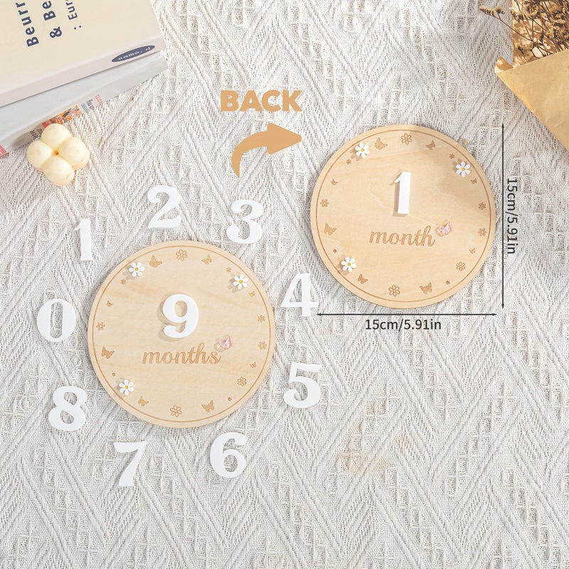 White Flower Month Wooden Milestone Card for Baby First Year Growth Photography - Image 5