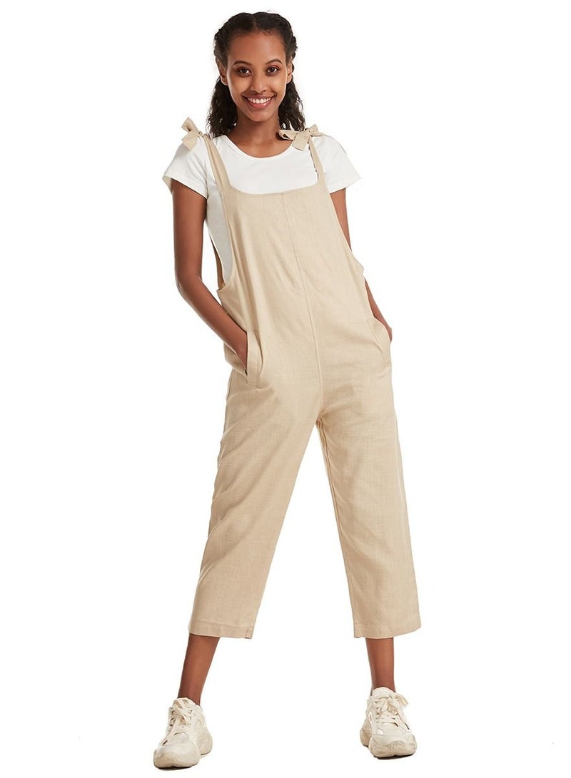 Loquat Women's Solid Color Loose suspender trousers Jumpsuit pants Khaki  - Image 1